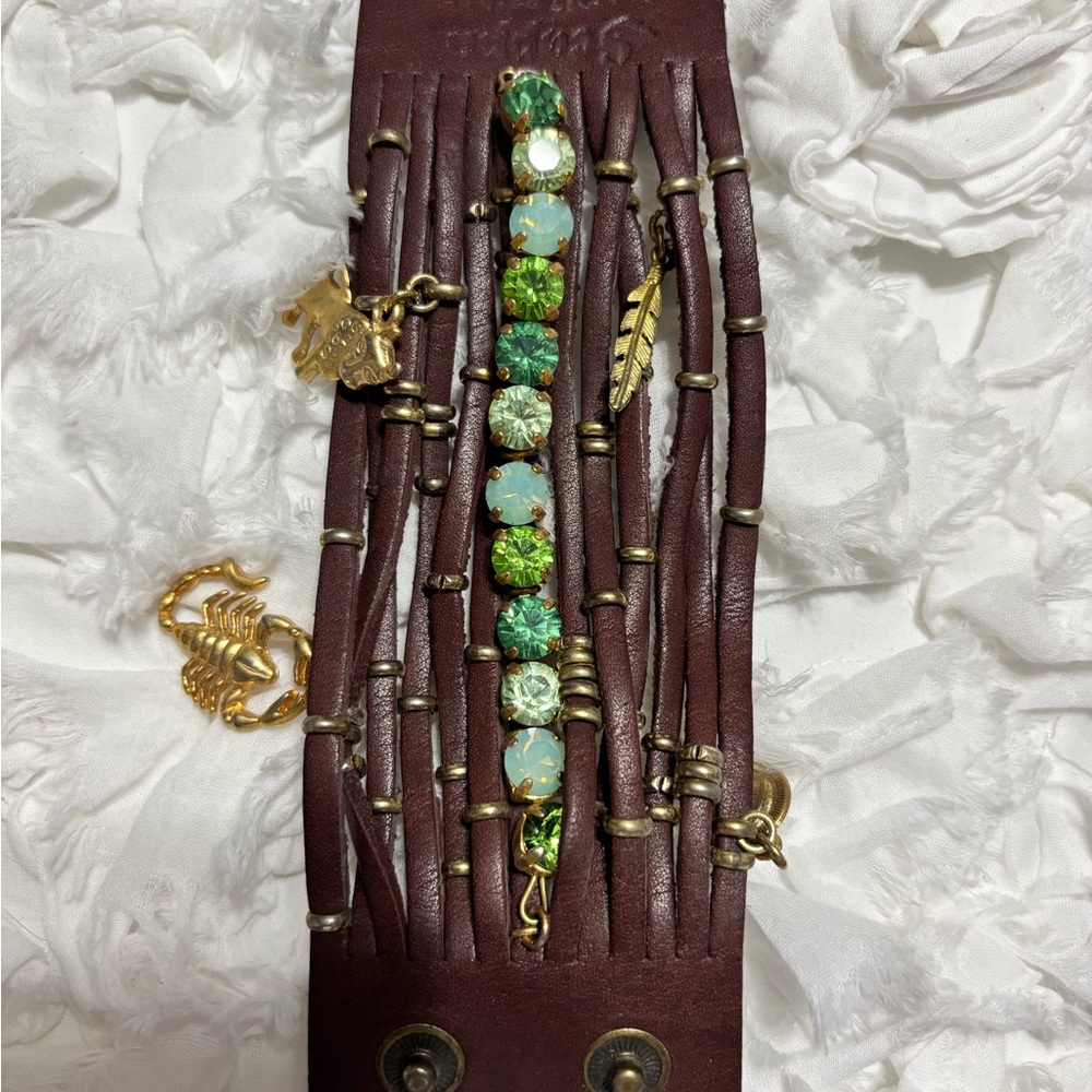Brown Leather Bracelet with Green and Gold Accents ♏️🦂” Scorpio”